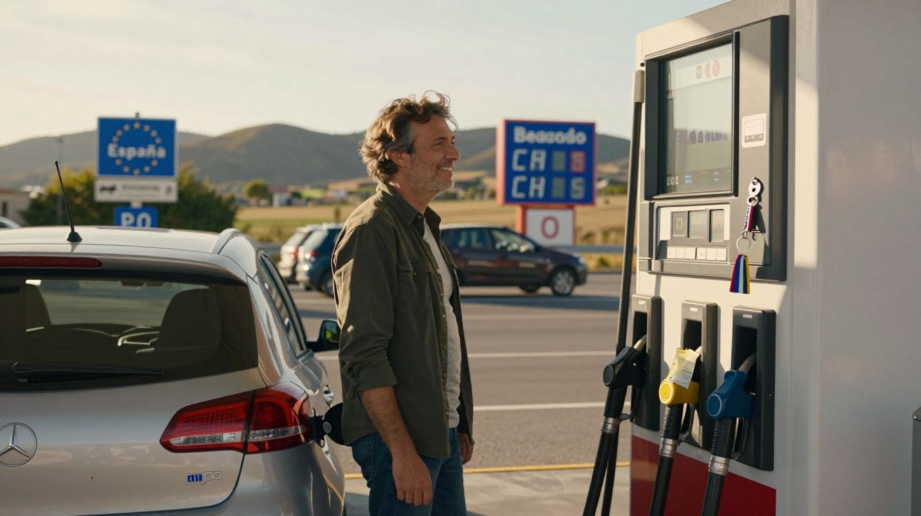 Homem abastecendo carro num posto de gasolina junto à fronteira de Espanha em dia claro.