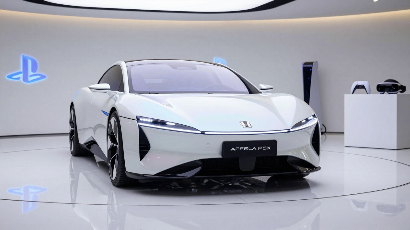 Carro elétrico branco Afeela PSX em destaque num showroom moderno com logos da PlayStation iluminados.