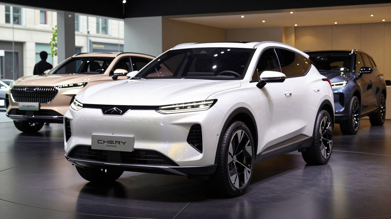 Carro SUV eléctrico branco Chery exposado num salão automóvel, com outros carros ao fundo.