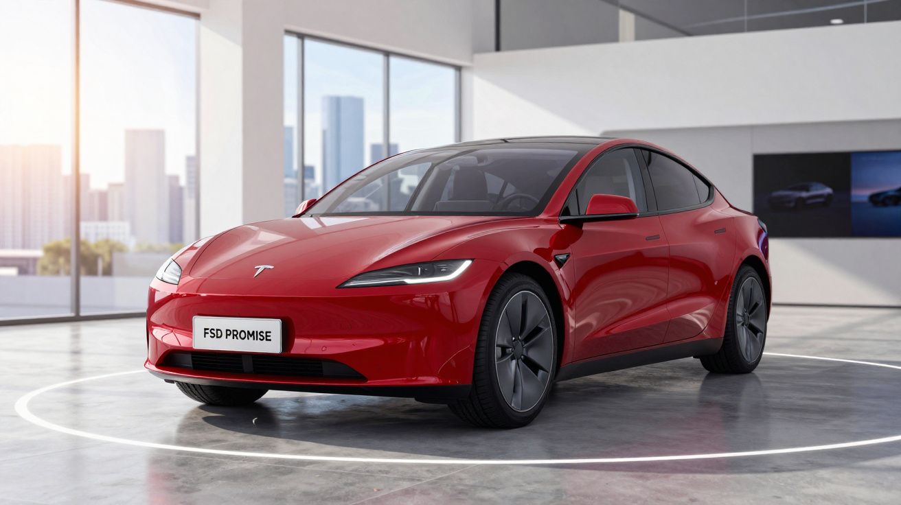 Carro elétrico Tesla vermelho estacionado numa sala moderna e iluminada, com janelas grandes ao fundo.