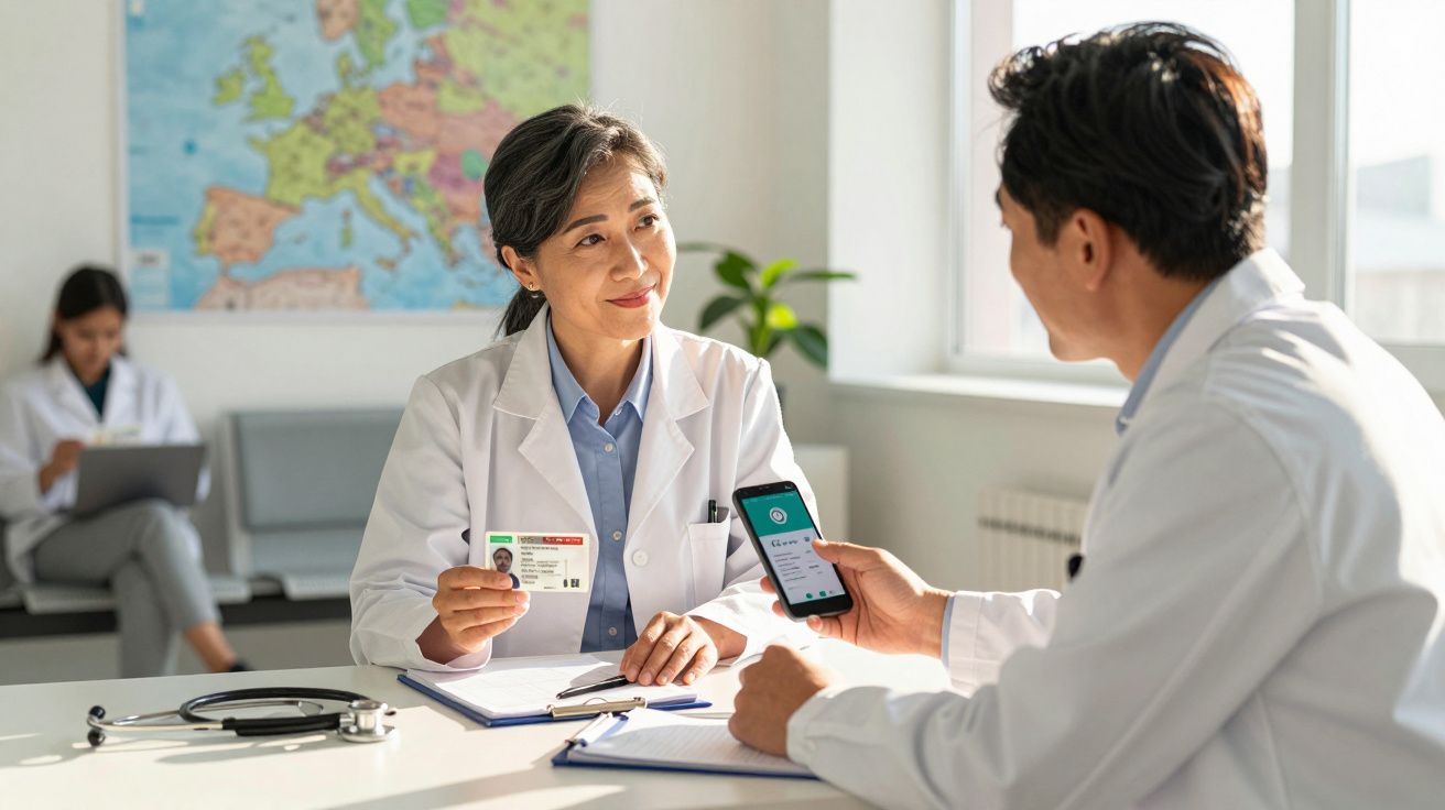 Médicos em discussão com documento de identificação e smartphone numa sala de consulta iluminada.