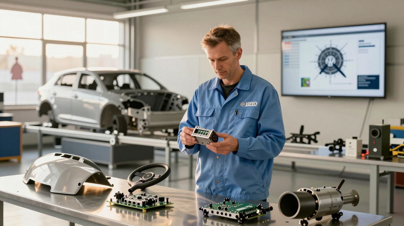 Homem em laboratório a analisar componente eletrónico com peças de automóvel e monitor ao fundo.