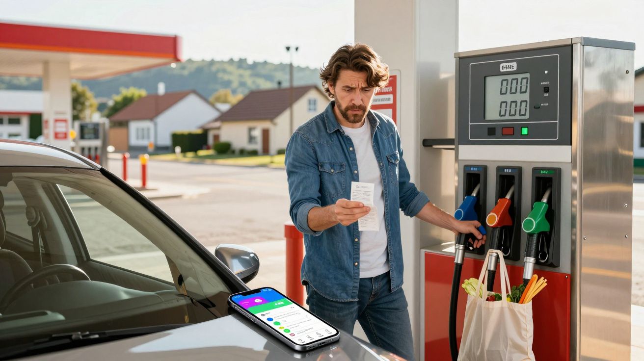 Homem com smartphone abastece carro numa bomba de gasolina, com saco de compras pendurado no suporte.