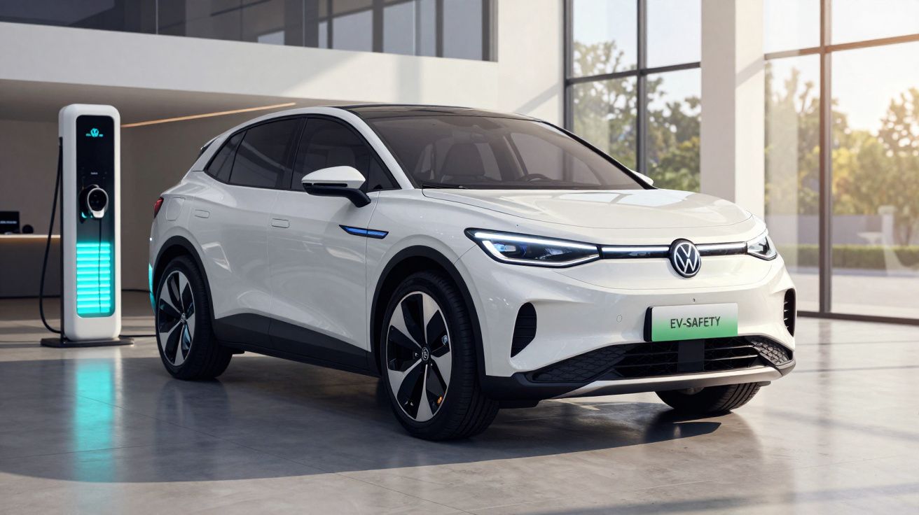 Carro elétrico branco Volkswagen a carregar numa estação de carregamento interior moderna e iluminada.