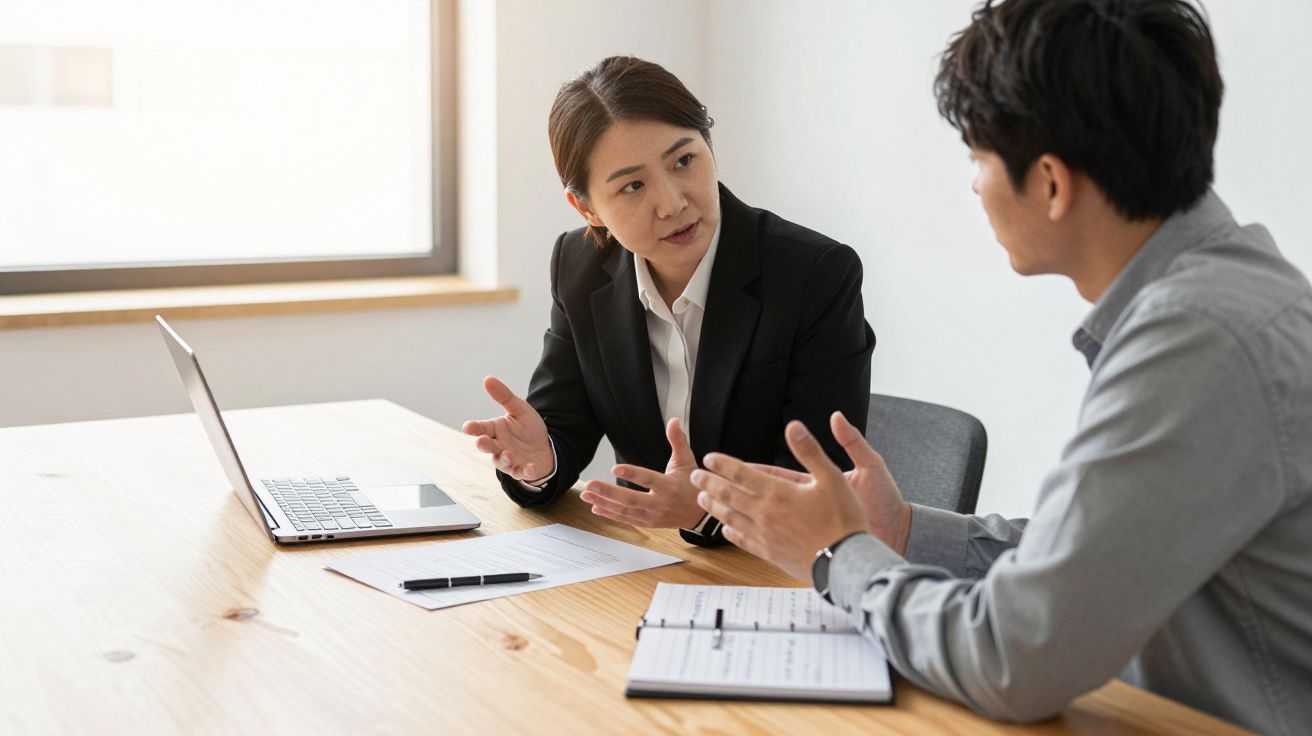 Duas pessoas em reunião de trabalho numa mesa com computador portátil, papéis e caderno numa sala iluminada.