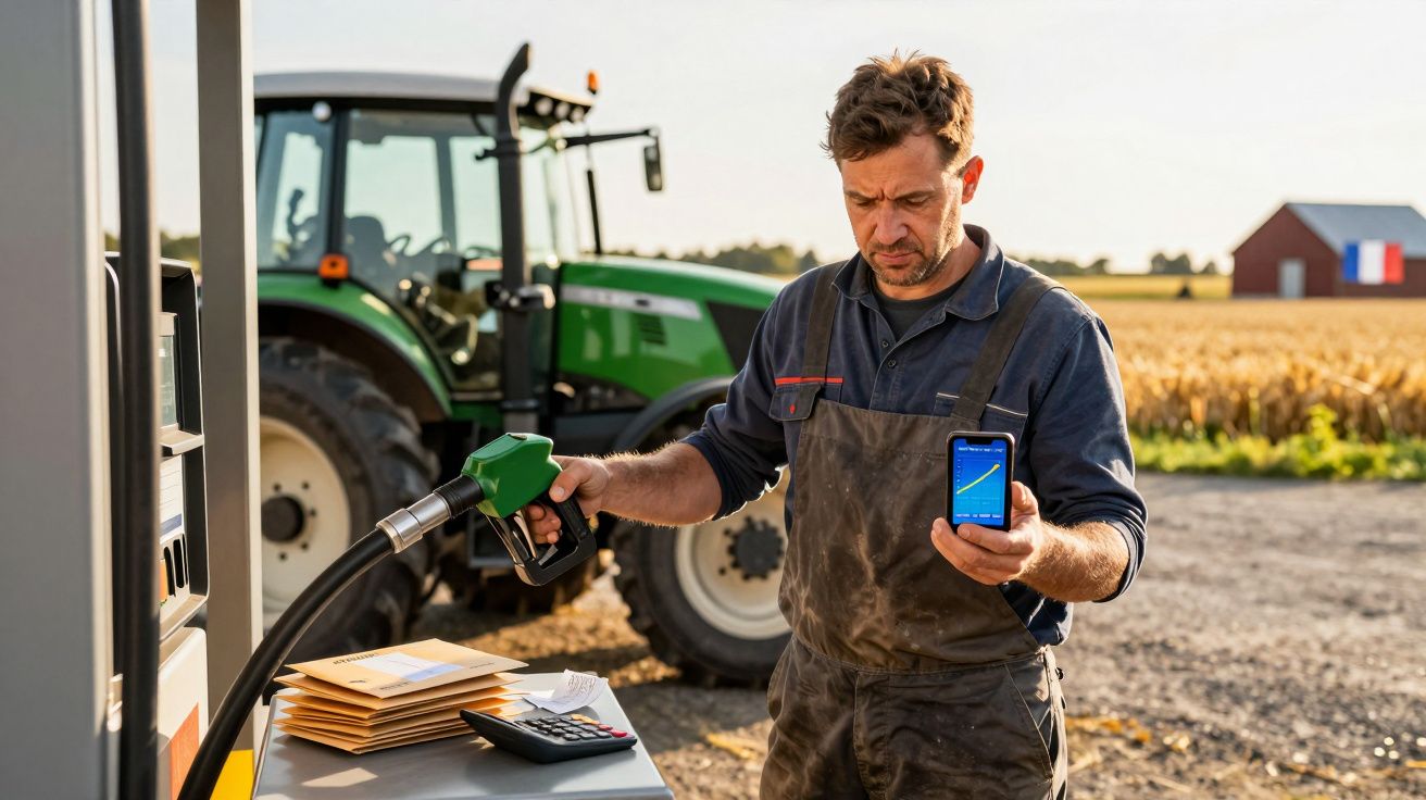 Homem de fato de trabalho a abastecer um trator verde enquanto segura um telemóvel com gráfico.