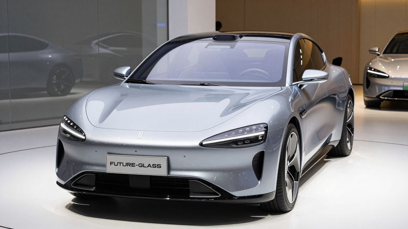 Carro elétrico cinza futurista exibido em ambiente interior com luz suave e reflexos no vidro.