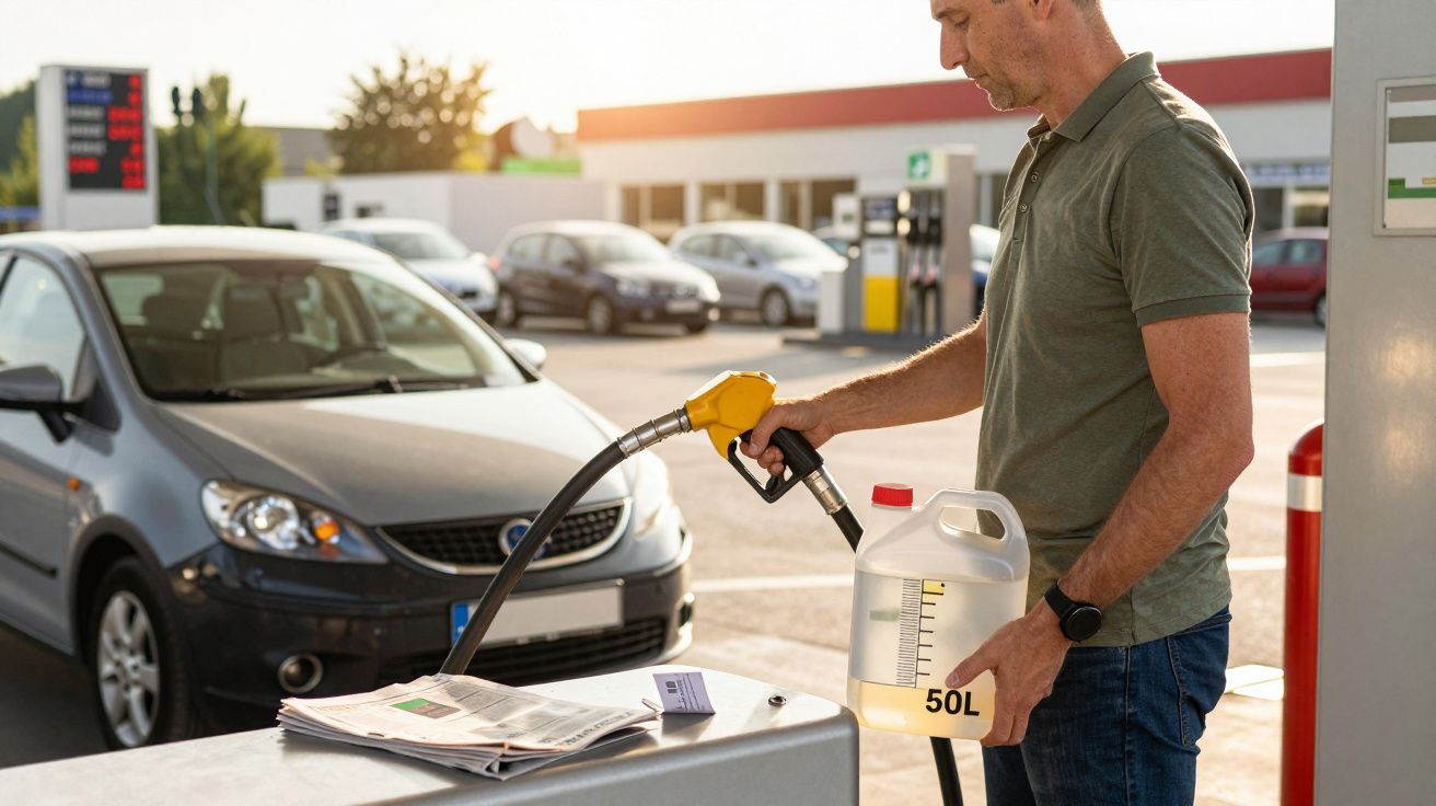 Homem a encher um recipiente de 50 litros com combustível numa bomba de gasolina ao ar livre.