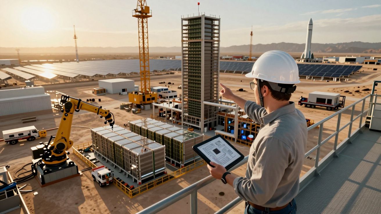 Engenheiro com capacete observa instalação de painéis solares e robô numa central de energia sustentável.