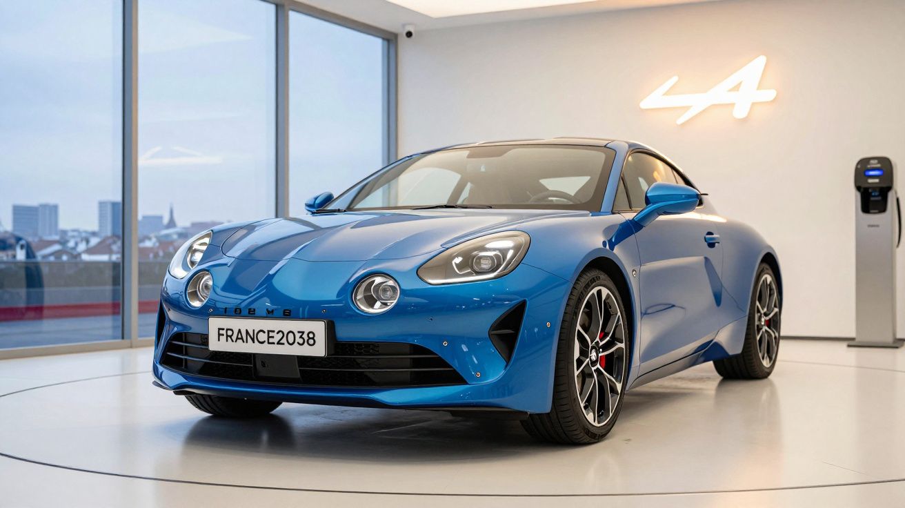 Carro desportivo azul Alpine A110 exposto em showroom moderno com grandes janelas e carregador elétrico.