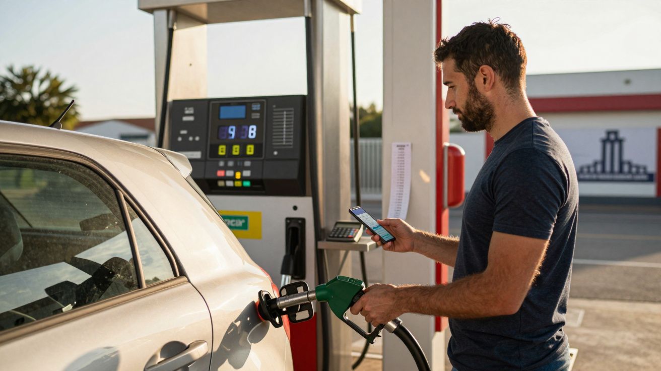 Homem abastece carro com combustível enquanto consulta telemóvel numa bomba de gasolina.
