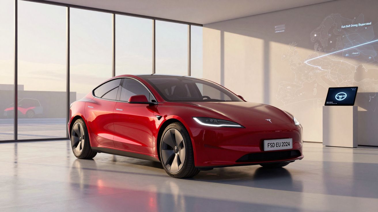Carro elétrico Tesla vermelho estacionado num showroom moderno com grandes janelas e ecrã digital ao fundo.