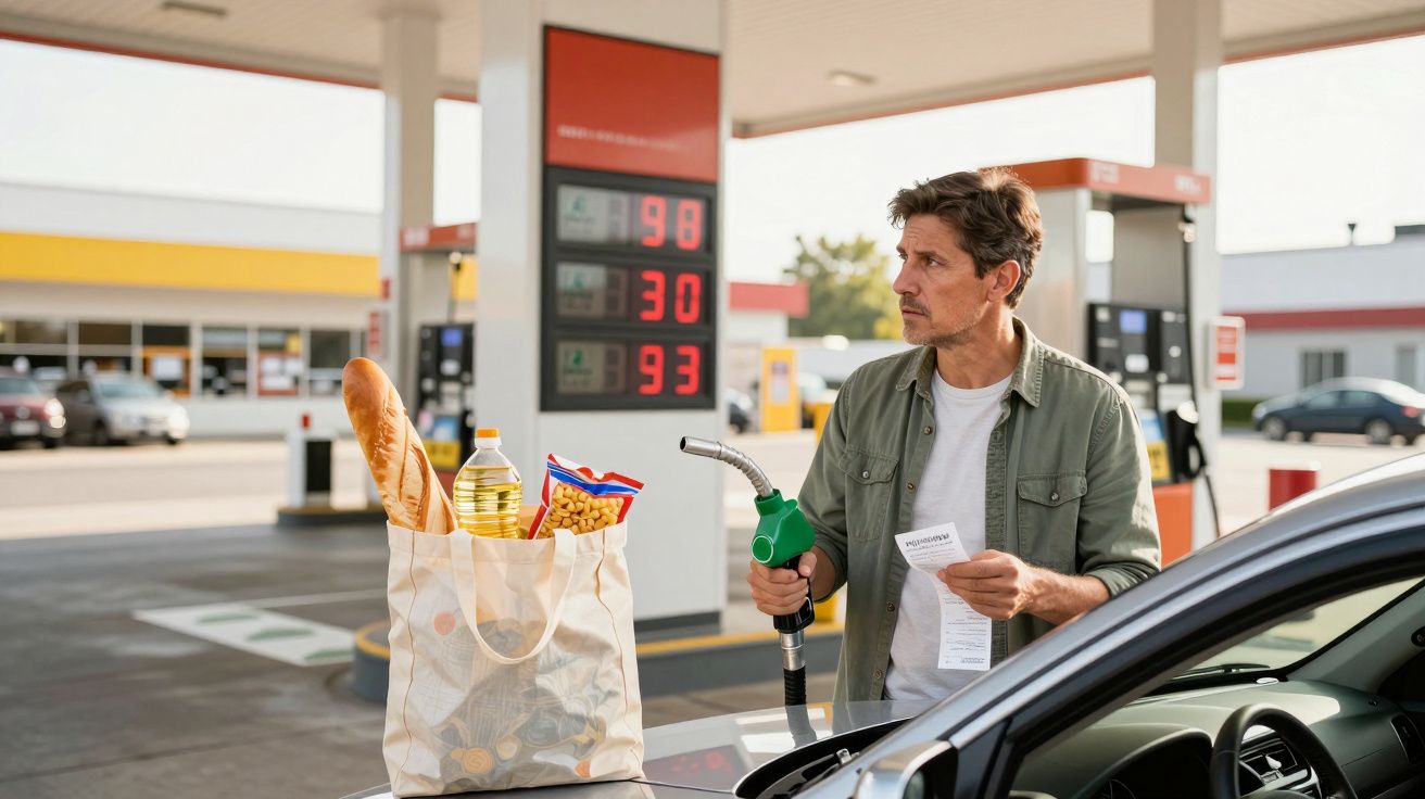 Homem com saco de compras a abastecer carro numa bomba de gasolina, olhando para o recibo.