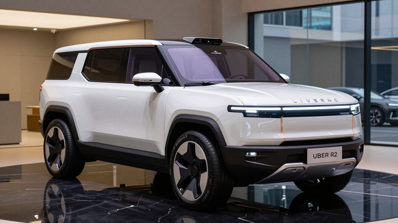 Carro elétrico SUV branco com design moderno e jantes grandes em exposição interior.