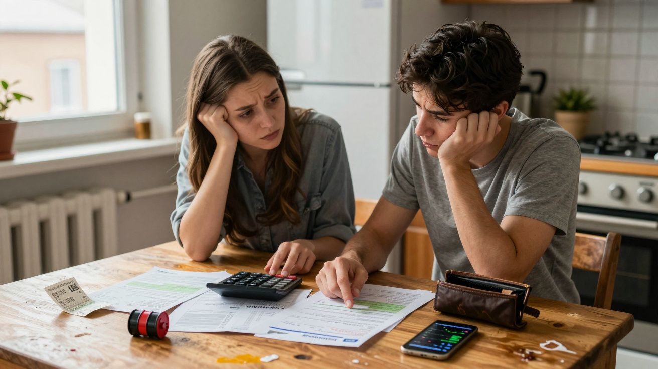 Casal preocupado a analisar contas e usar calculadora numa cozinha com documentos e smartphone sobre a mesa.