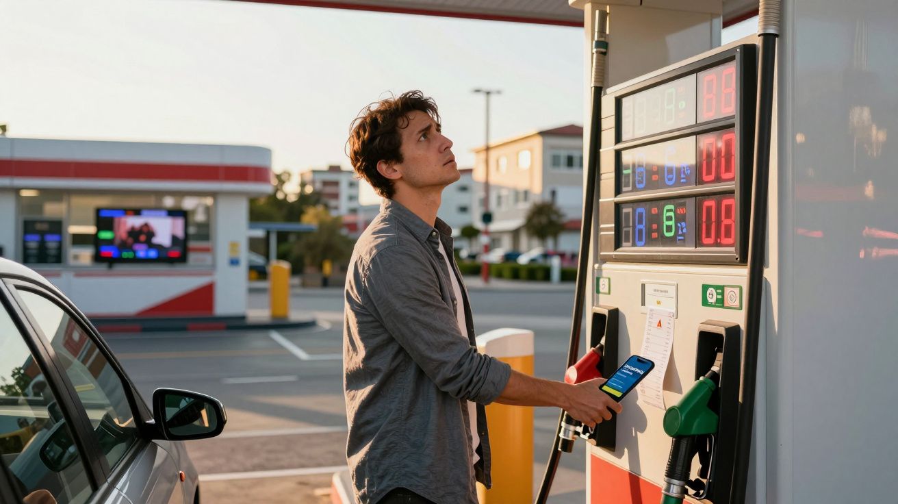 Homem a abastecer carro numa bomba de gasolina enquanto segura telemóvel numa estação de serviço ao entardecer.