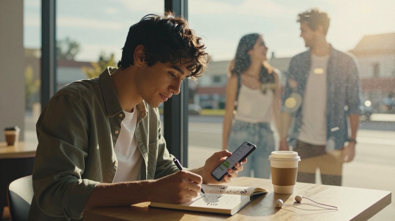 Jovem sentado numa mesa a usar telemóvel e a escrever num caderno, com copo de café e auscultadores à frente.