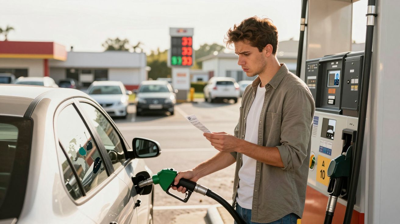 Homem a abastecer carro num posto de gasolina enquanto consulta um recibo ou lista de preços.