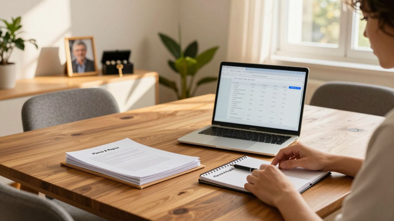 Pessoa a trabalhar numa mesa de madeira com computador portátil, papéis e bloco de notas em ambiente iluminado.
