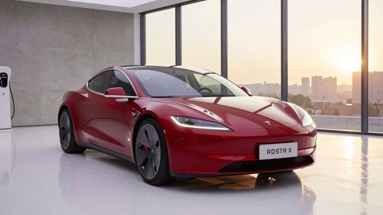 Carro elétrico Tesla vermelho estacionado em sala iluminada com janelas grandes ao pôr do sol.
