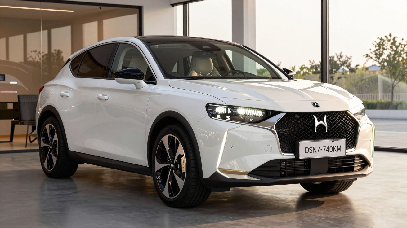 Carro compacto branco estacionado dentro de uma garagem com janelas amplas e chão de cimento polido.