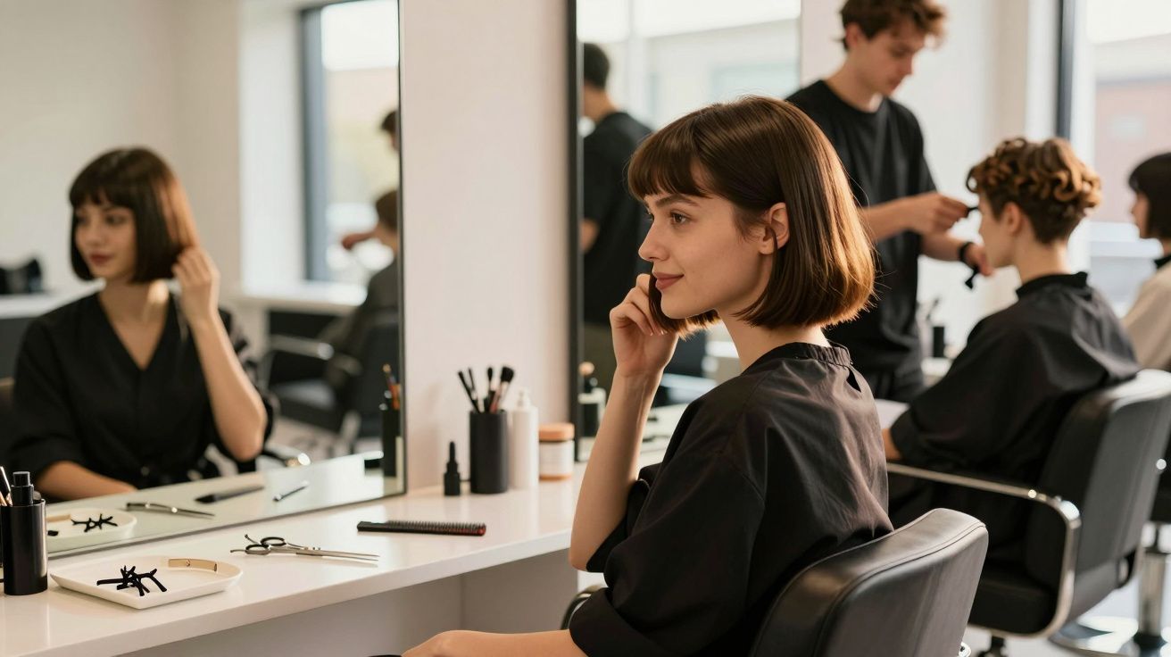 Mulher com cabelo curto castanho sentada numa cadeira a olhar para o espelho num salão de beleza.