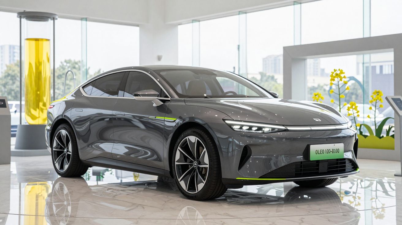 Automóvel eléctrico cinzento exposto num showroom moderno com grandes janelas e decoração colorida.