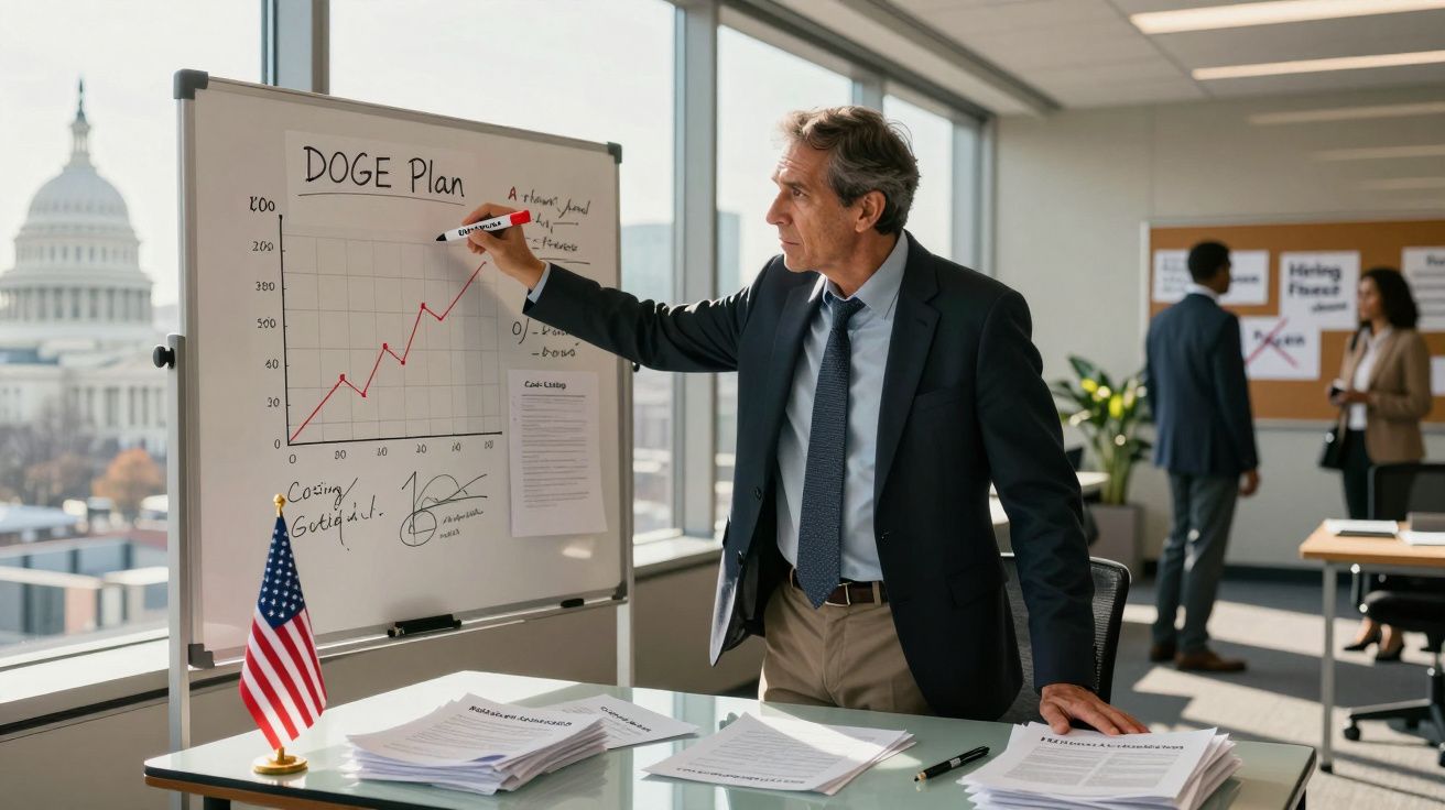 Homem de fato apresenta gráfico de crescimento no quadro branco numa sala de escritório com vista para o Capitólio.