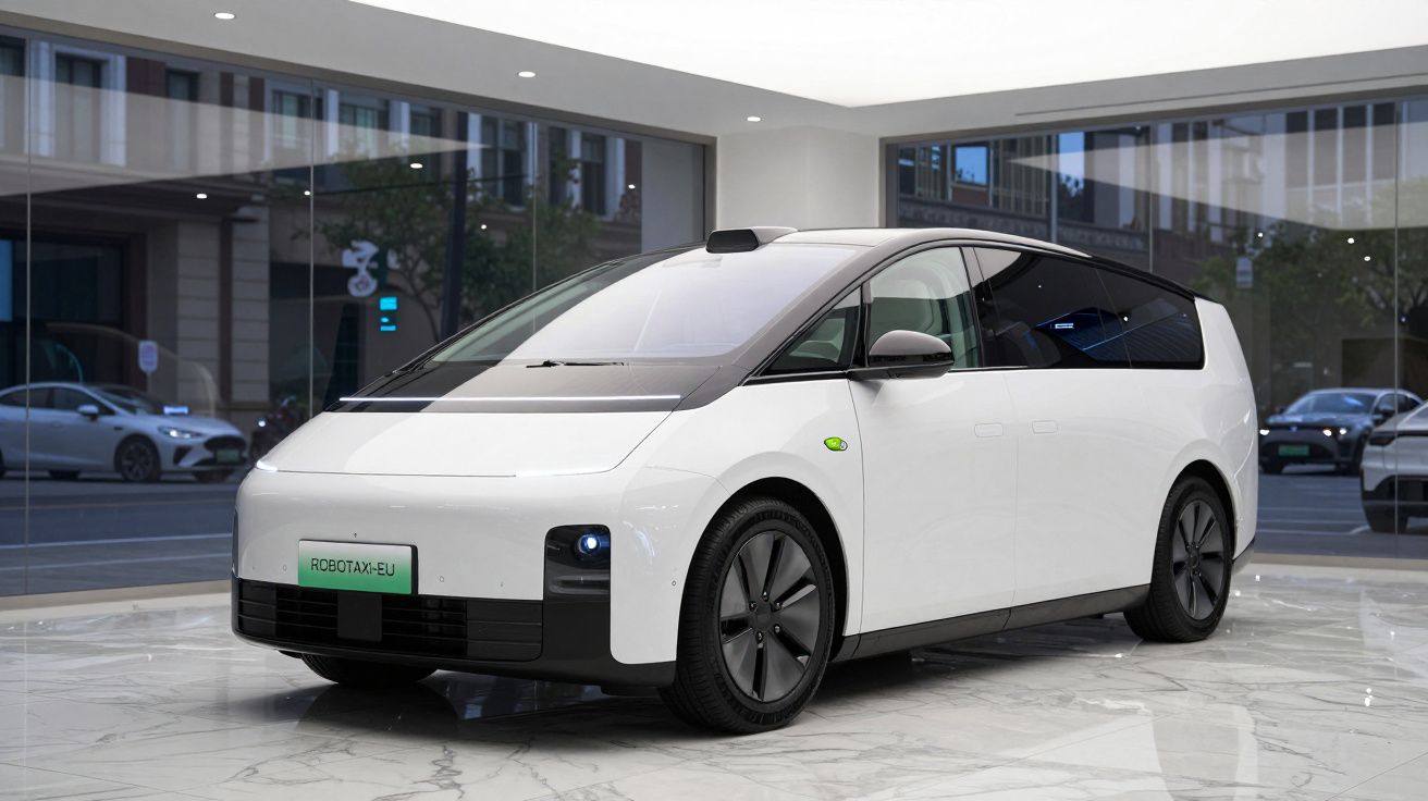 Carro autónomo branco, moderno, com placa a dizer ROBOTAXI-EU, estacionado em ambiente interior urbano.