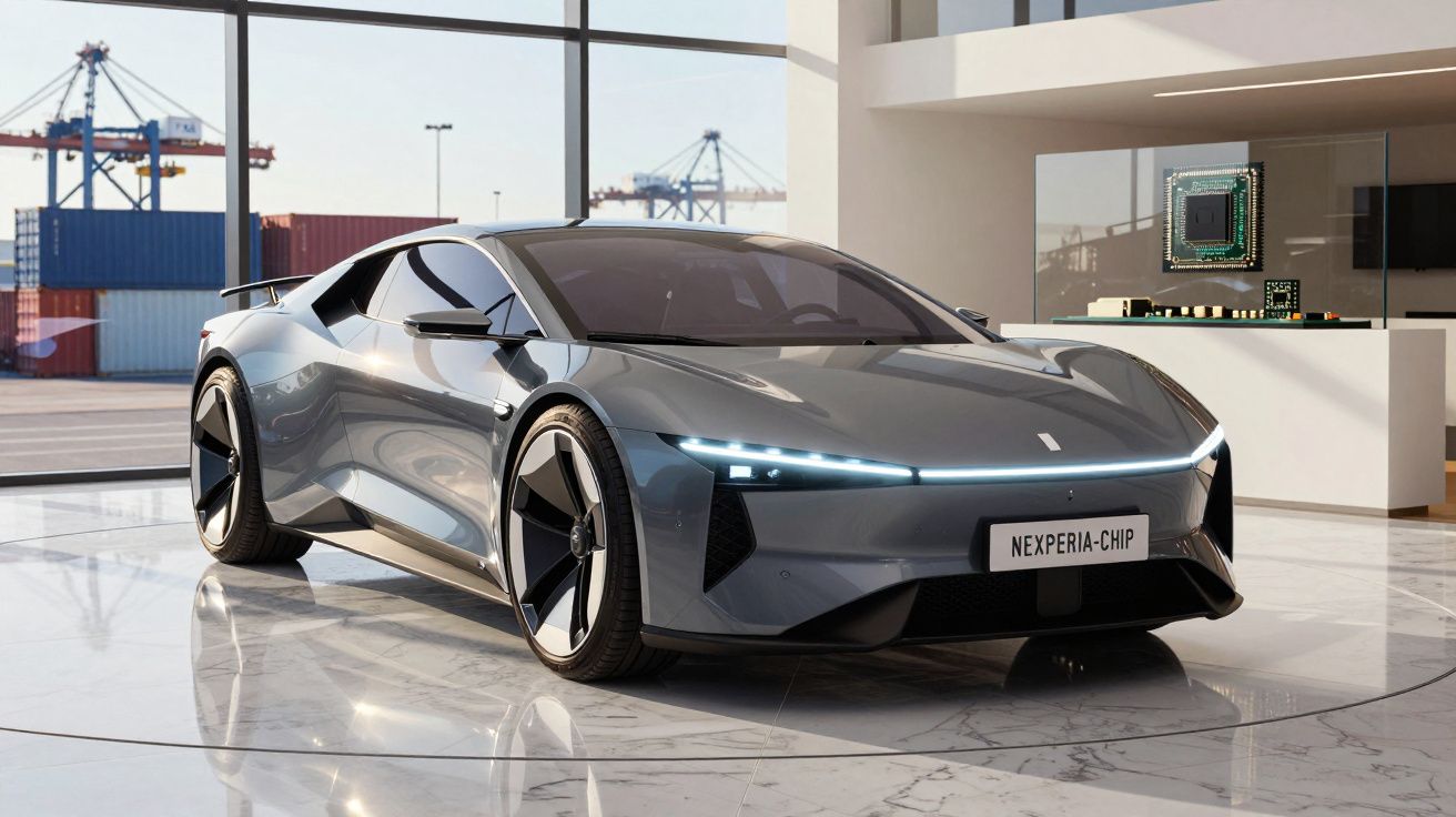 Carro desportivo elétrico cinzento com design futurista em exposição interior com grandes janelas e contentores no exterior.