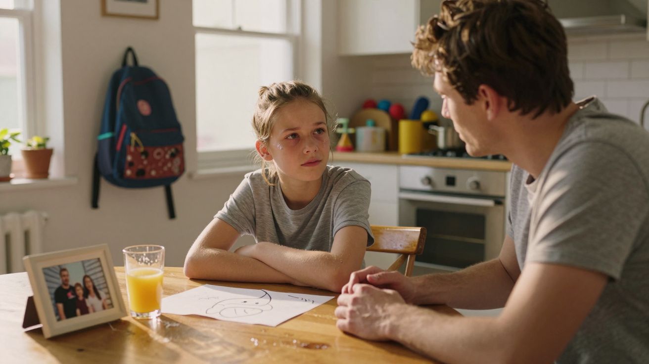 Rapaz e menina sentados à mesa de cozinha, menina com olhar triste e copo de sumo de laranja à frente.