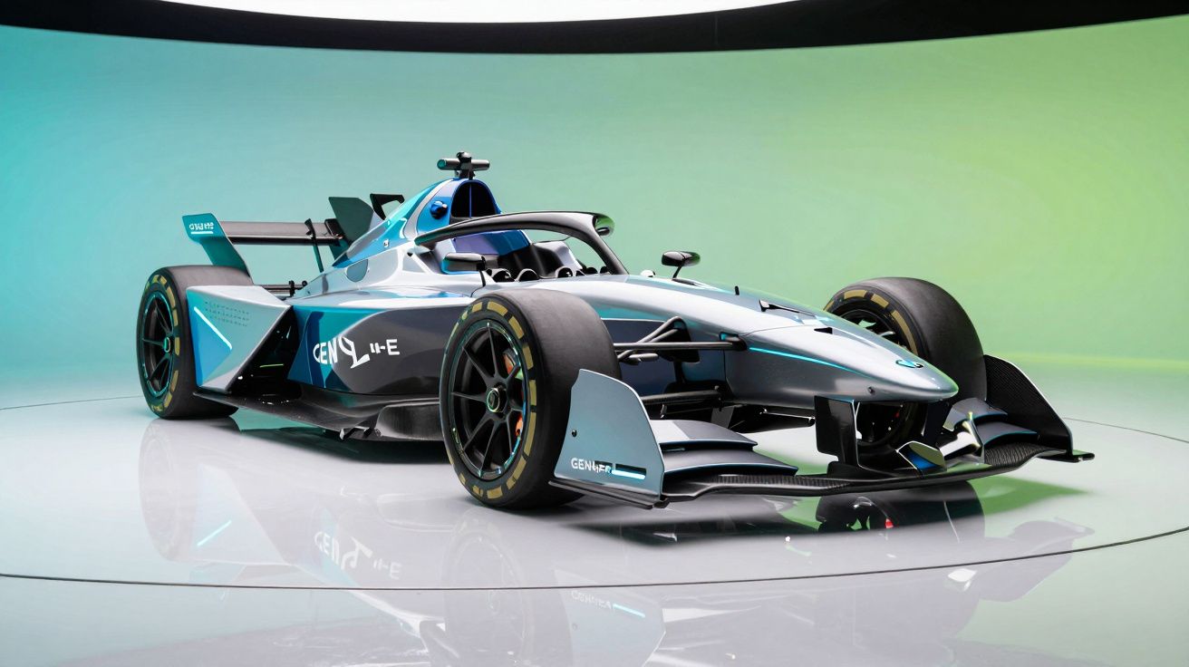 Carro de Fórmula E futurista em mostrador com fundo degradê verde e azul.