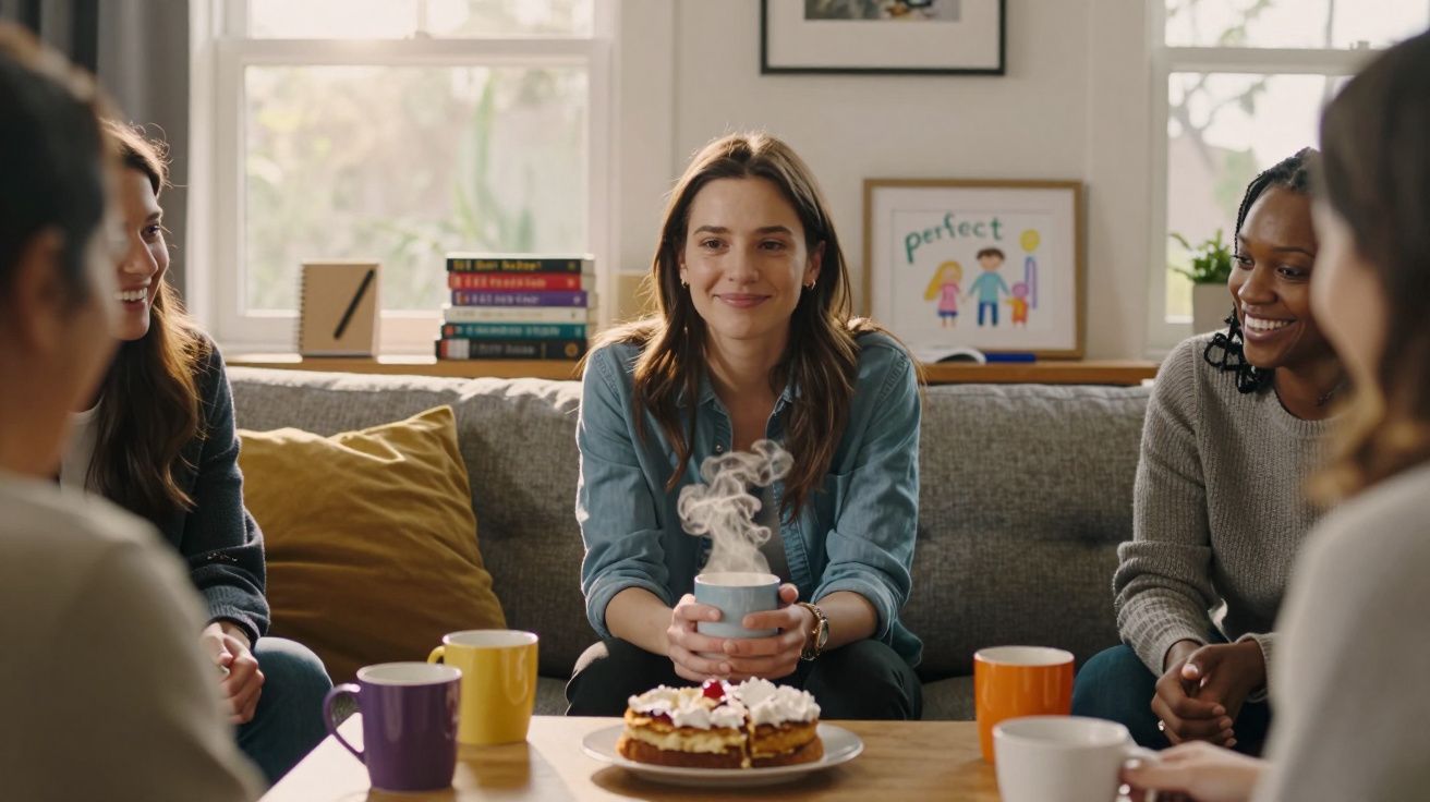 Grupo de amigos sentados à volta de uma mesa com bolo e bebidas quentes, sorrindo e conversando.