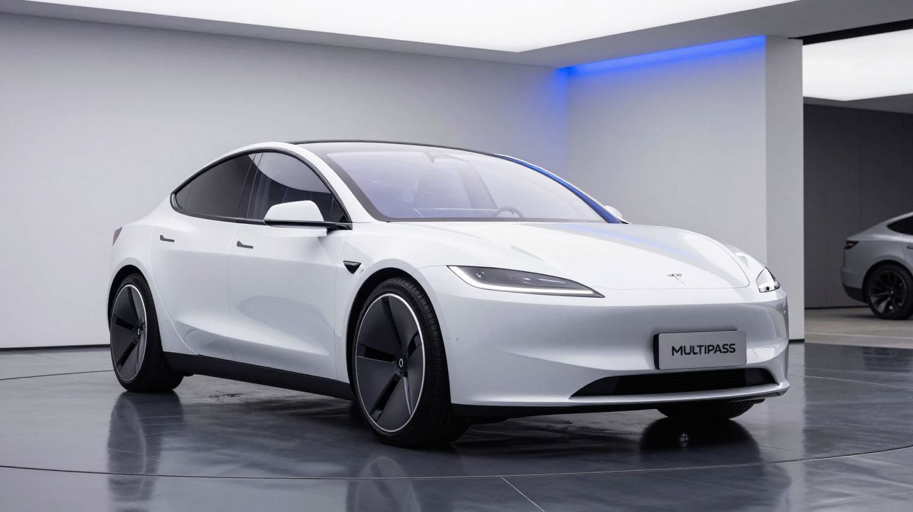 Carro elétrico Tesla branco em exposição num espaço moderno com iluminação azul suave.