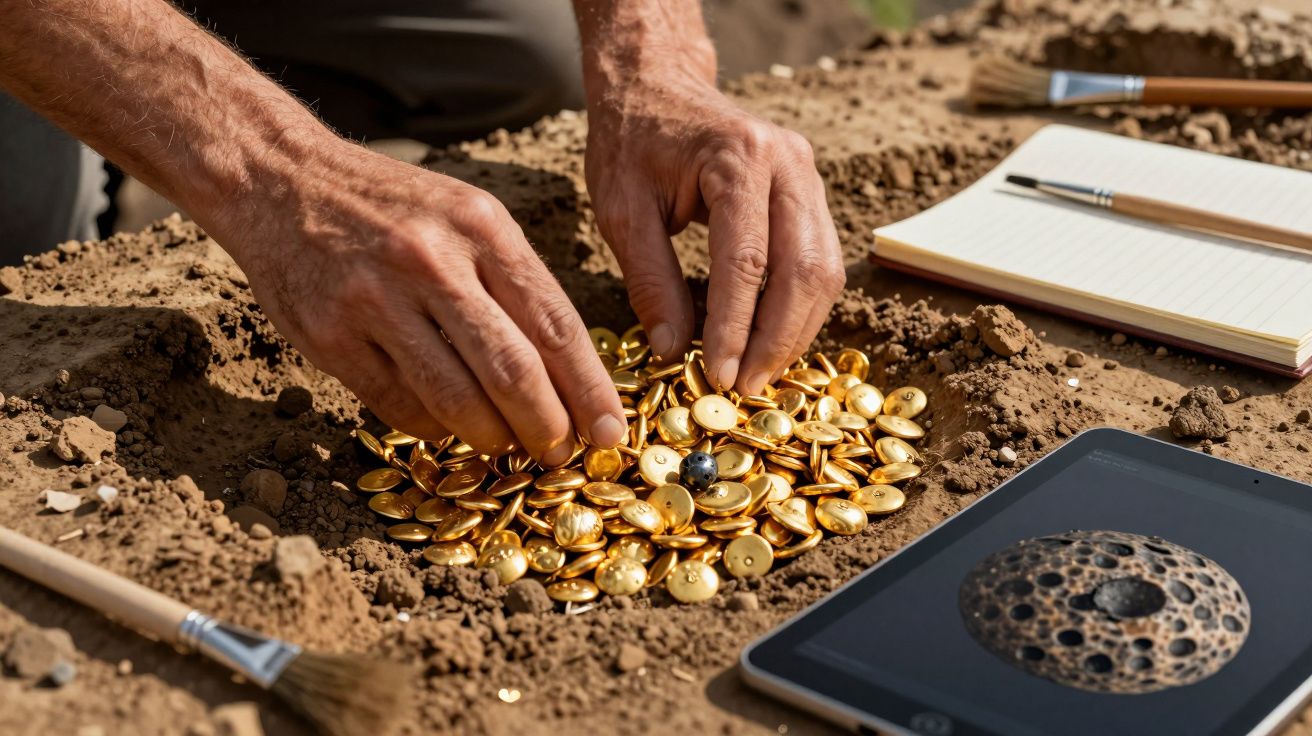 Mãos a recolher moedas de ouro enterradas no solo, com cadernos, pincéis e um tablet à volta.