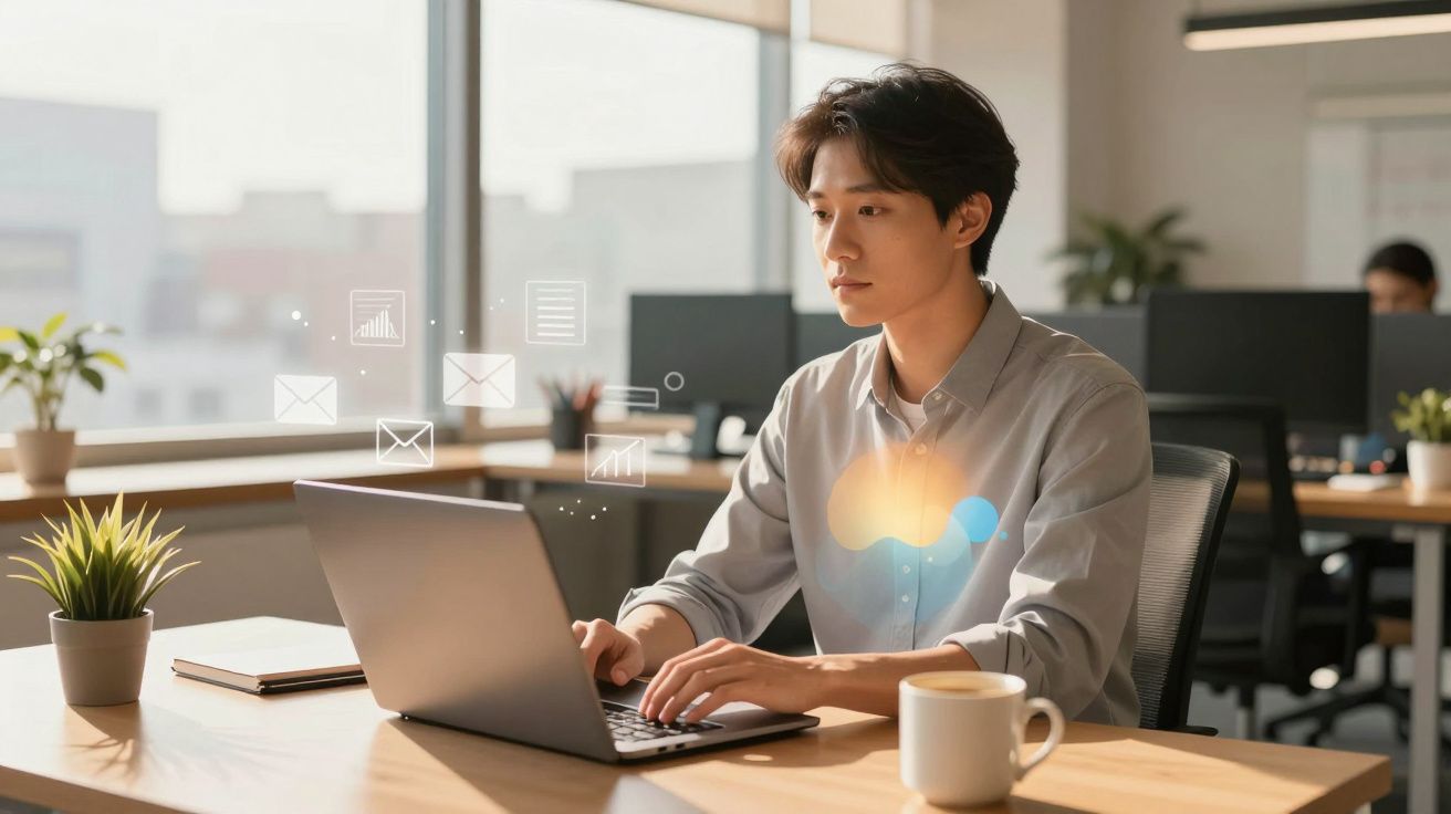 Homem jovem a trabalhar num portátil num escritório moderno com ícones digitais flutuantes perto do ecrã.