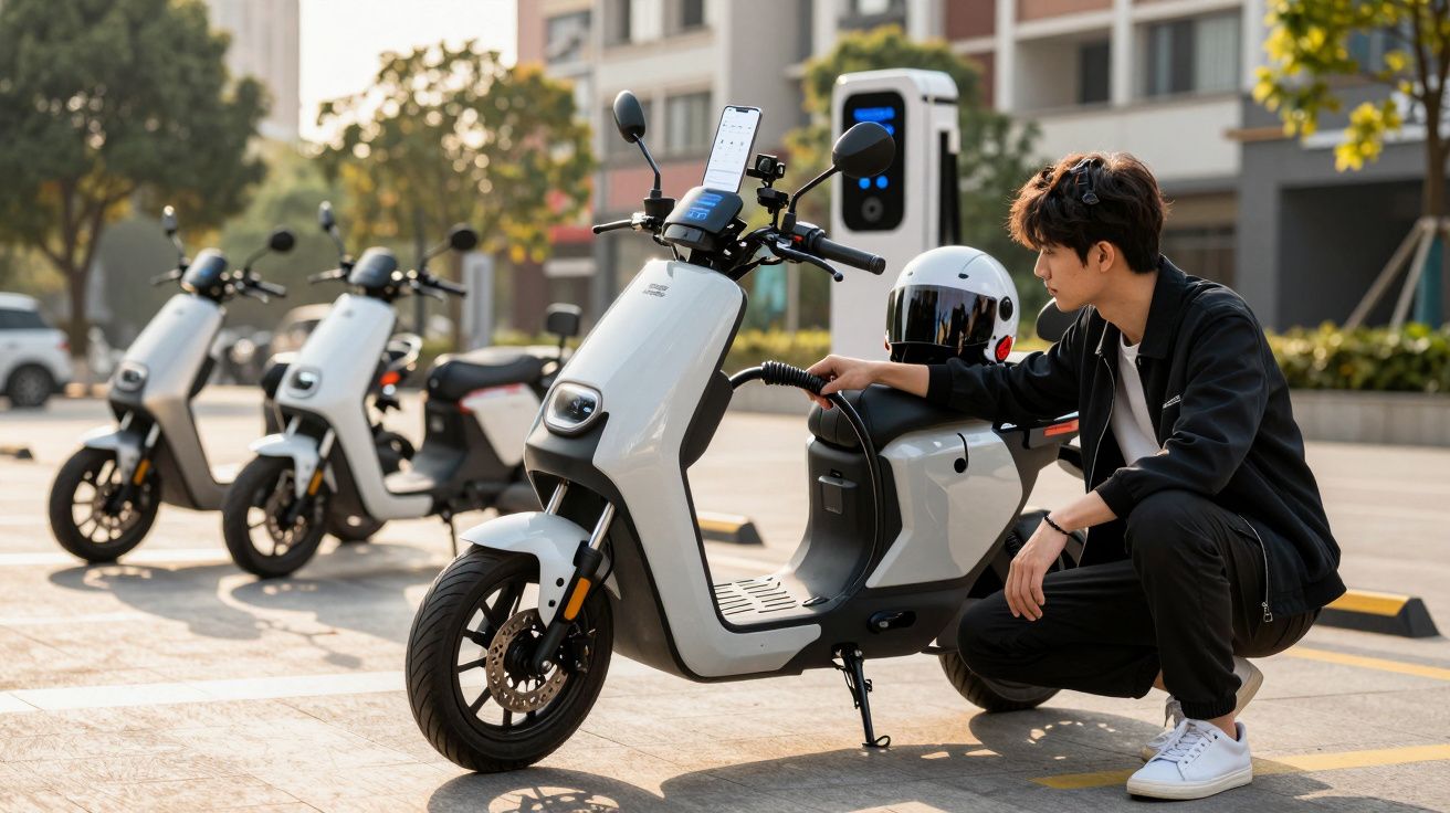 Jovem a carregar uma scooter elétrica branca numa estação de carregamento ao ar livre.