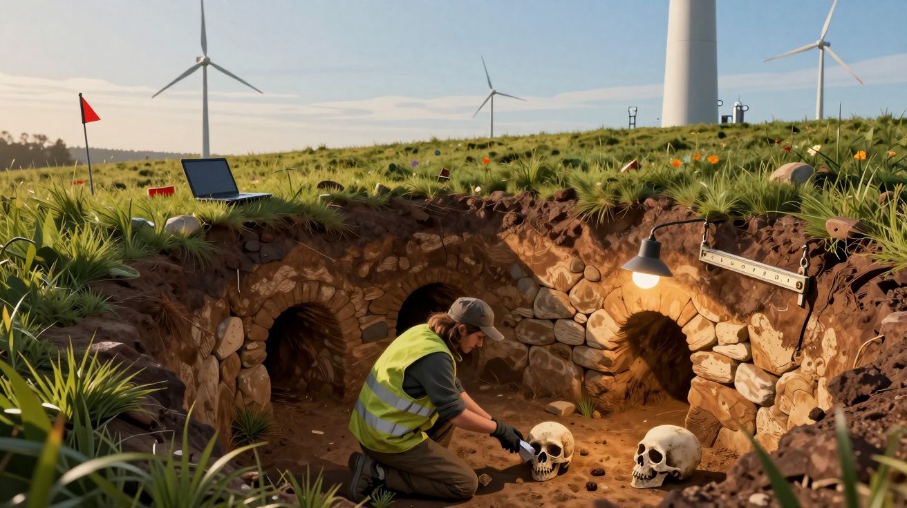 Arqueólogo a escavar crânios numa cova ao ar livre com turbinas eólicas ao fundo numa paisagem verde.