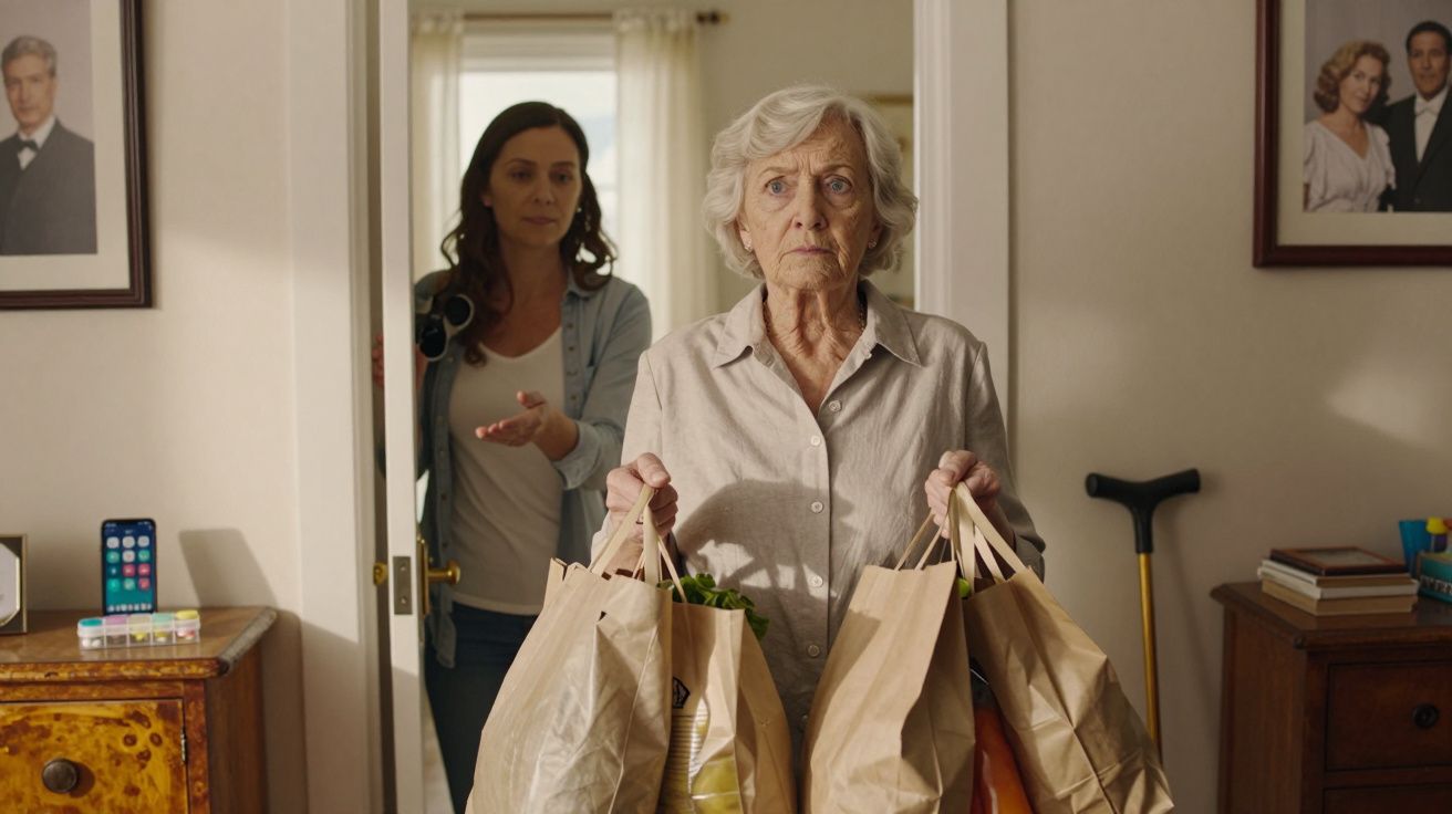 Mulher idosa a entrar em casa com sacos de compras, enquanto mulher mais nova a observa preocupada atrás da porta.