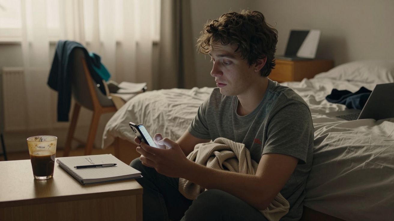 Jovem sentado no chão do quarto, a olhar para o telemóvel, com copo de café e caderno na mesa ao lado.