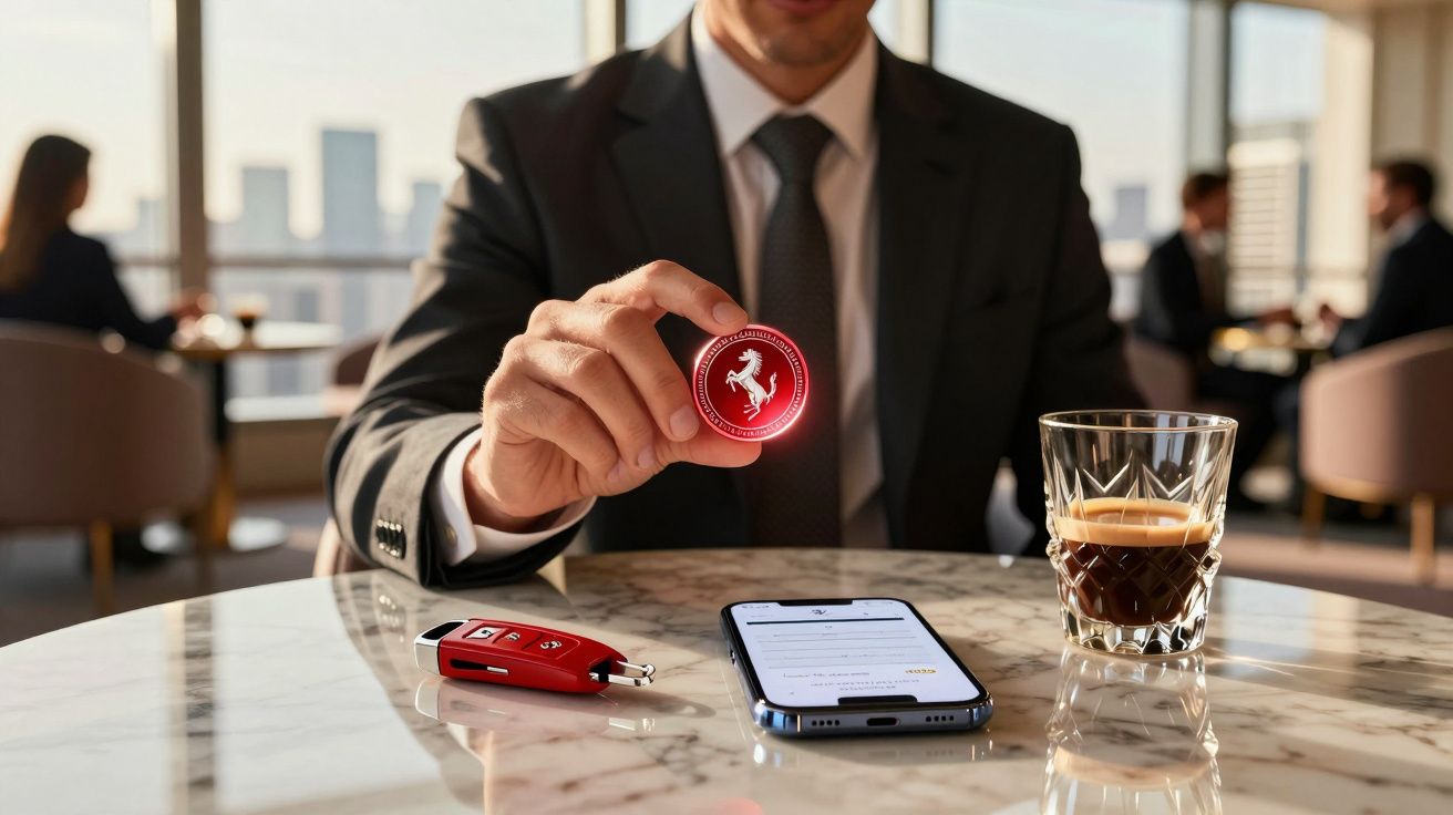 Homem de fato segura moeda digital da Ferrari à mesa com comando, telemóvel e copo de café.