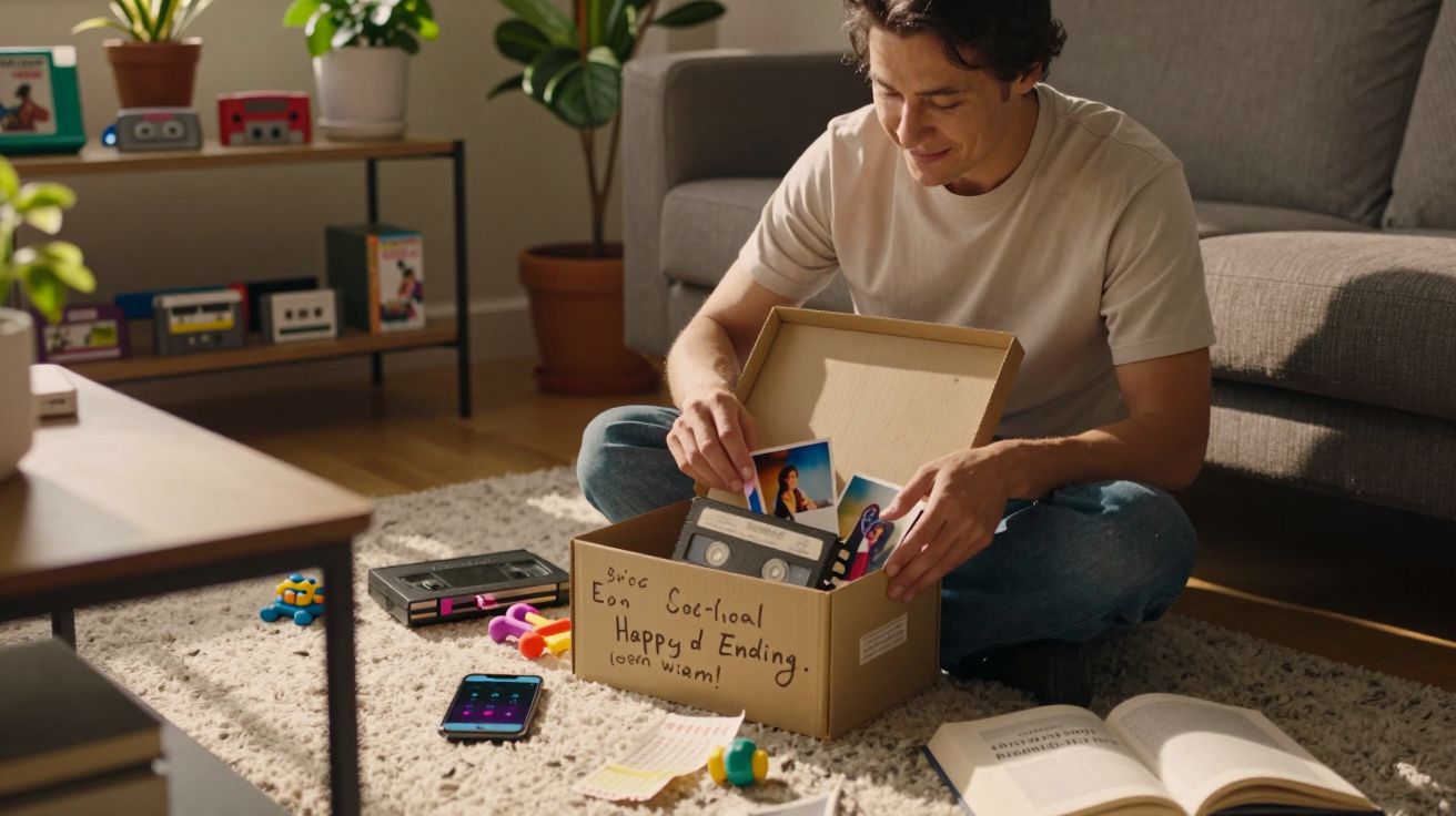 Homem sentado no chão a mexer numa caixa com cassetes, fotos e lembranças numa sala acolhedora.