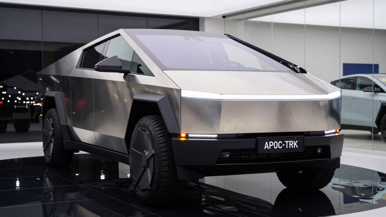 Veículo elétrico futurista com design angular e corpo metálico exibido em espaço interior moderno.