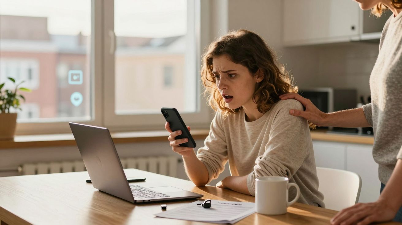 Mulher preocupada com telemóvel na mão, sentada à mesa com portátil, recebe apoio de outra pessoa.