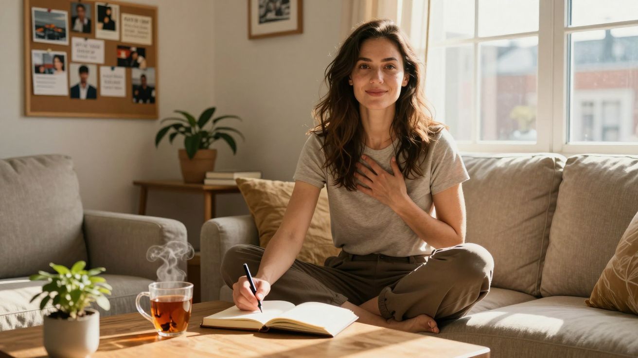 Mulher sentada no sofá a escrever num caderno, com chá e plantas numa sala iluminada a luz natural.
