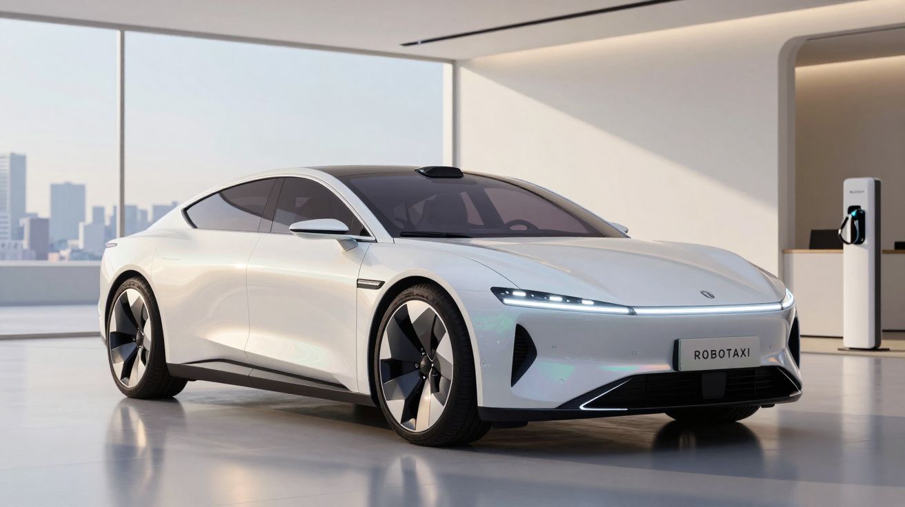 Carro elétrico branco futurista estacionado numa garagem moderna com estação de carregamento.