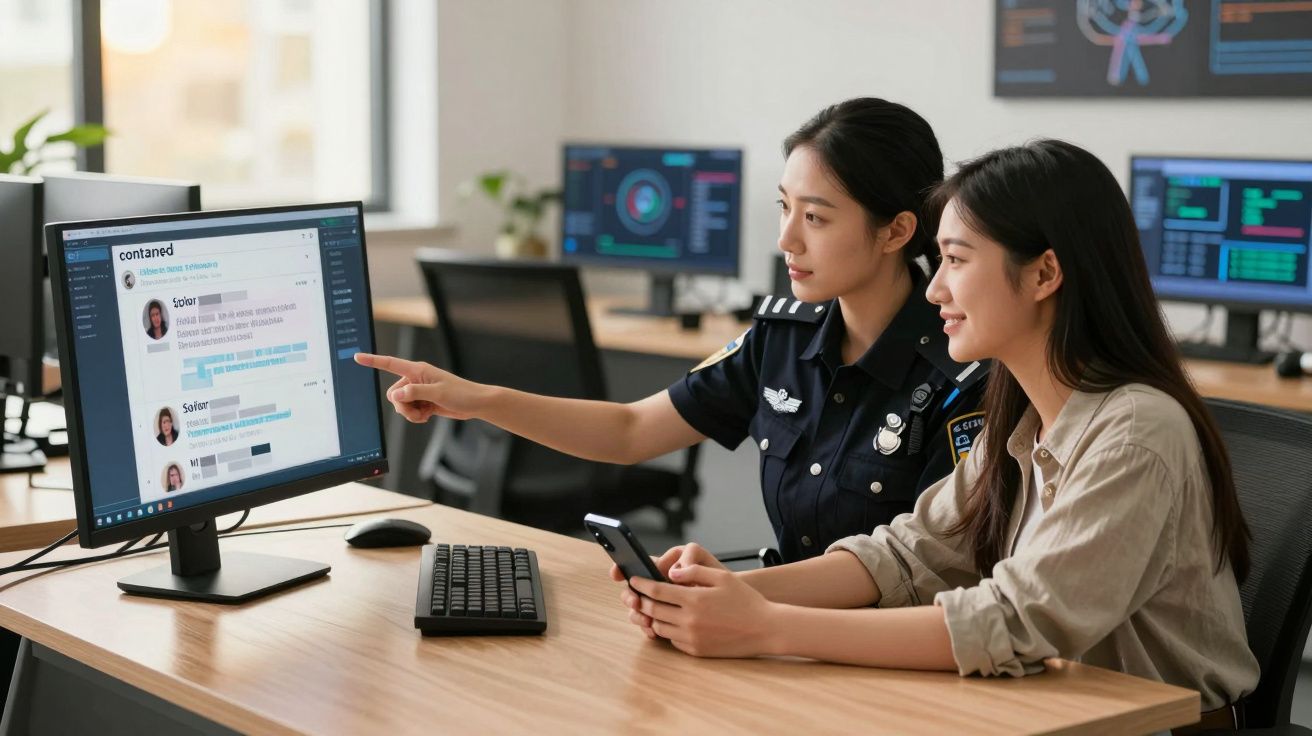 Duas mulheres analisam comunicações num computador num ambiente de escritório moderno, uma usando uniforme policial.