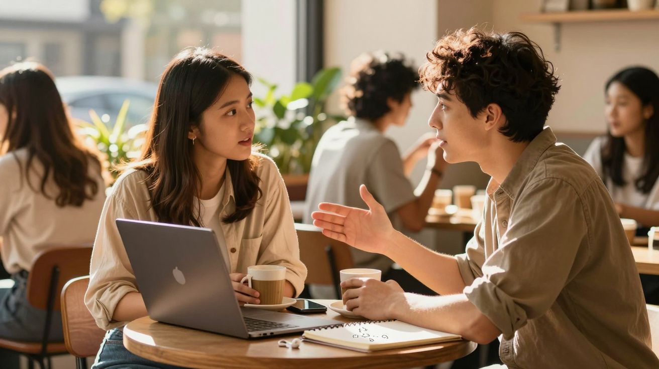 Duas pessoas a conversar num café, com portátil, caderno e café na mesa.
