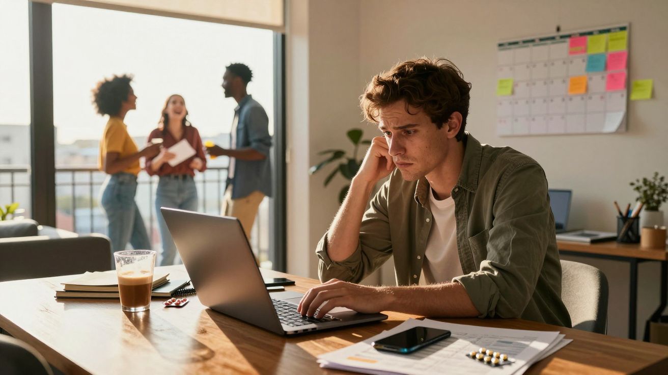 Jovem preocupado a trabalhar no portátil, enquanto três colegas conversam ao fundo numa sala iluminada.