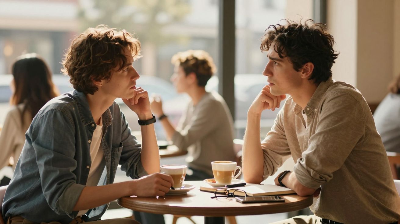 Dois jovens a conversar numa esplanada, com chávenas de café e cadernos na mesa.